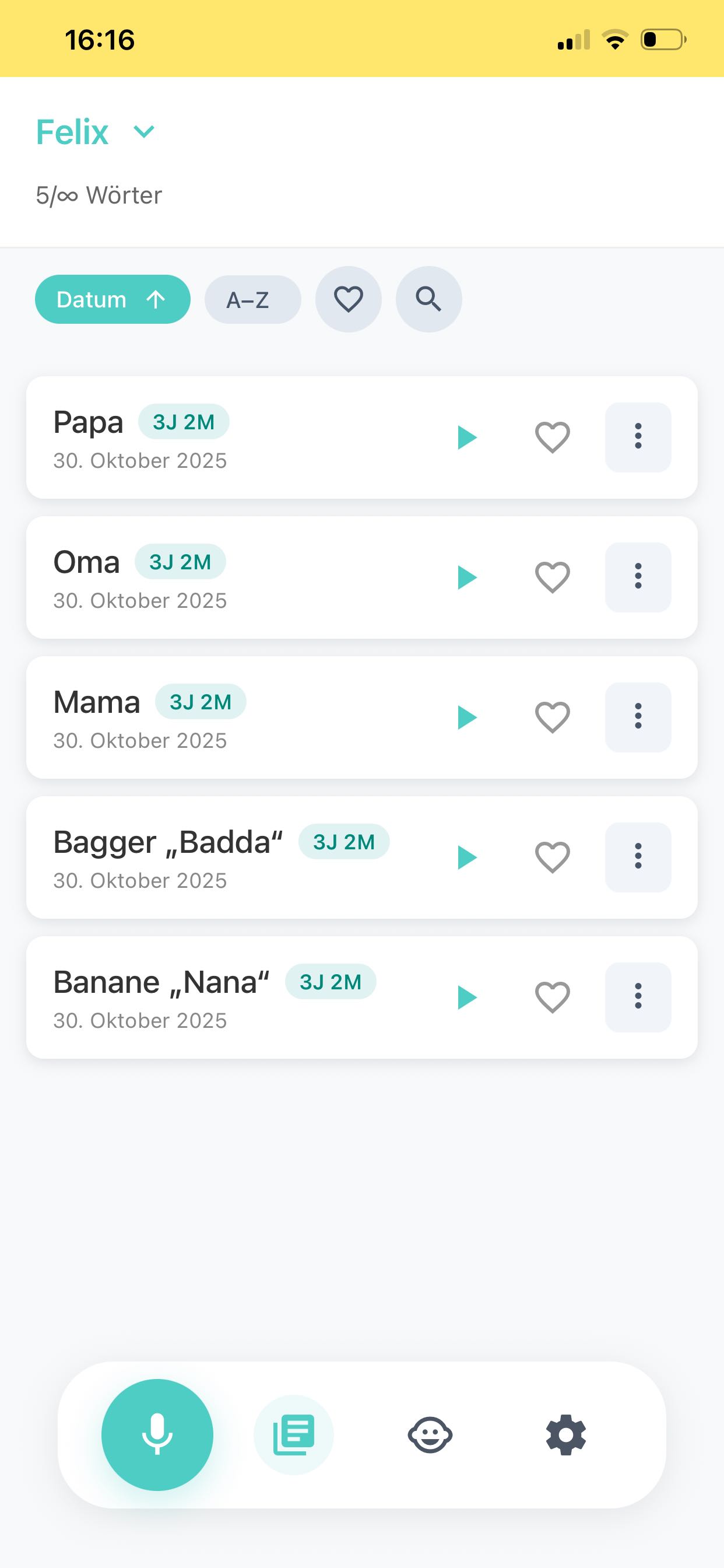 KliKla Wortliste App Screen – Erste Worte Baby aufnehmen